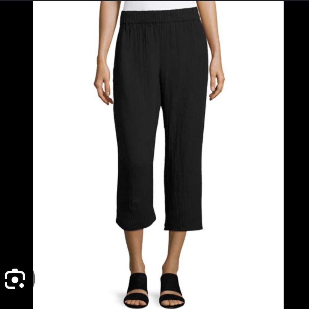 New Eileen, Fisher, black gauze, elastic waste, cropped ankle Capri pants
